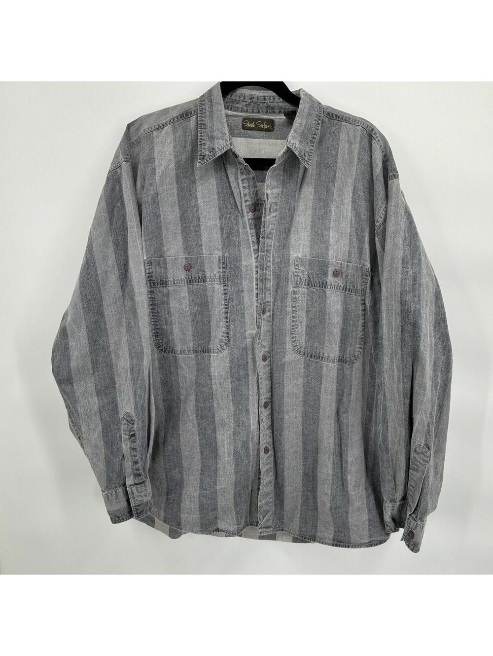 Shah Safari Men’s XL Grey Striped 100% Cotton Button Down Long Sleeve Shirt